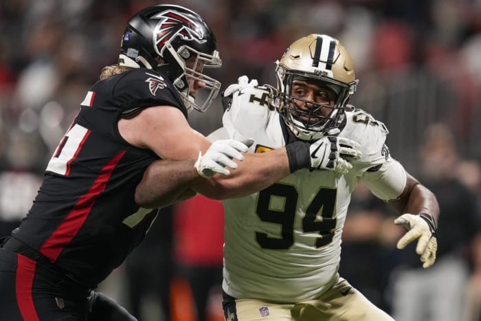 New Orleans Saints defensive end Cameron Jordan (94) rushes the passer against Atlanta offensive tackle Kaleb McGary (76). Mandatory Credit: Dale Zanine-USA TODAY
